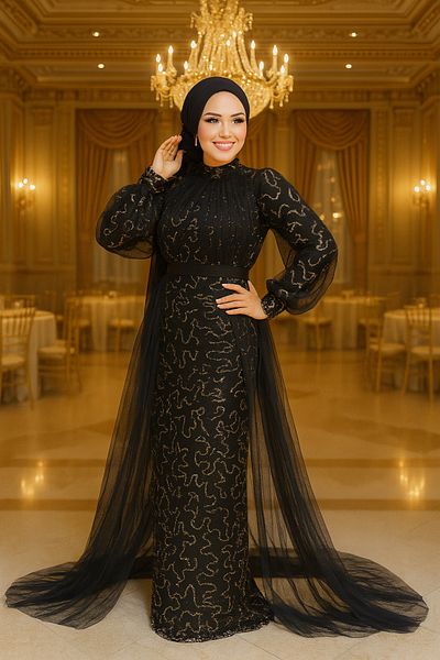 Neva Style Βραδινό φόρεμα με παγιέτες χρυσό Hijab 54410χρυσό