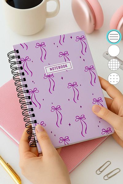 Eldesen Tasarım A5 Spiral Thick Cover Lined Notepad, 80 Sheets 160 Pages, Purple Bow