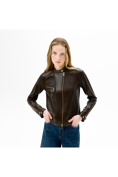 Desa Kadın Kahve Perfore Detaylı Deri Ceket