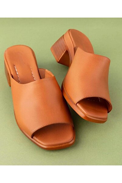 Yılmaz Exclusive - Women's Genuine Leather Medium Heeled Tan Stylish Slippers