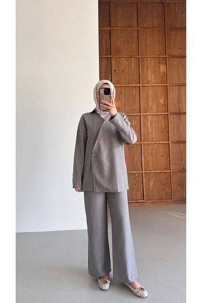 only moon Women's Clothing Linen Gray Tunic-Pants Set