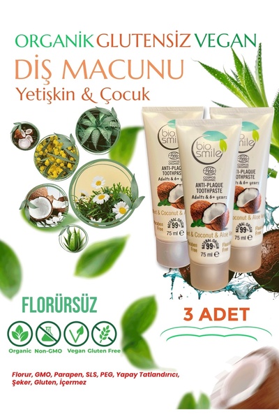 Monarda Bio Smile 3Adet Organik Glutensiz Anti Plak Diş Macunu Nane & Hindistan Cevizi & Aloe Vera 75ml