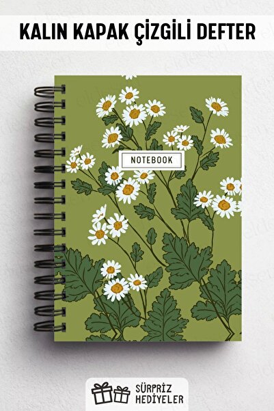 Eldesen Tasarım A5 Spiral Thick Cover Lined Notepad, 80 Sheets 160 Pages, Green Daisy