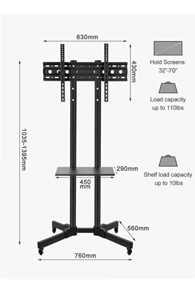 Cady One حامل تلفزيون مع قاعدة متحركة وعجلات قابلة للقفل، حامل تلفزيون قابل للتعديل مع رف معدني قوي