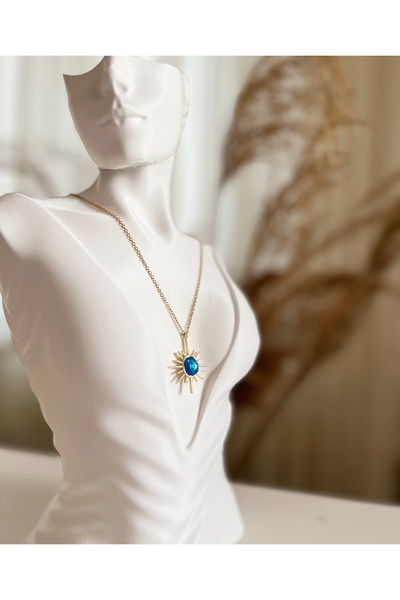 Zirkon Taşlı Vintage Mavi Opal Taş Detaylı Güneş Kolye, Paslanmaz Çelik 14k Altın Rengindedir 1 Adet