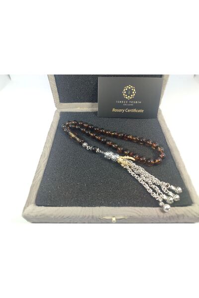 İskeçe Tesbih 925 Ayar Gümüş Püsküllü 17.86 Gr. Yansımalı Dominik Fosilli Kay...