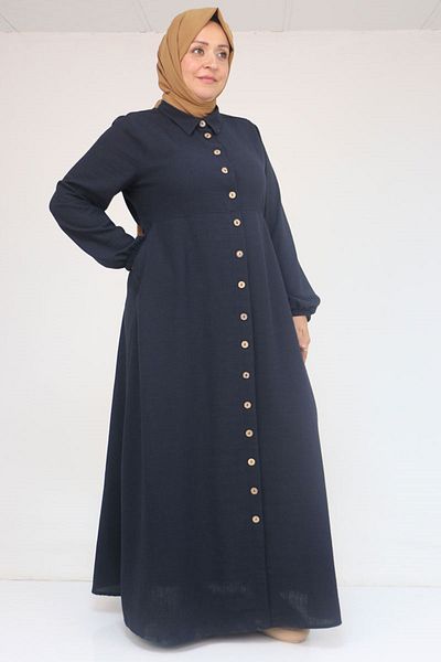 Eslina 52024 Large Size Patterned Linen Men's Collared Dress - Navy Blue