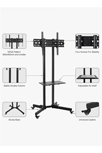 Cady One حامل تلفزيون مع قاعدة متحركة وعجلات قابلة للقفل، حامل تلفزيون قابل للتعديل مع رف معدني قوي