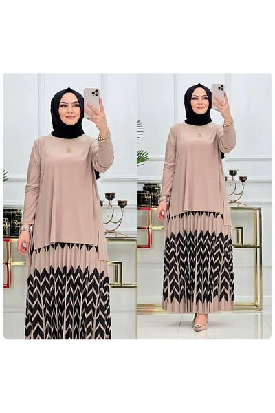 NİSUM MODA Zigzag Patterned Sandy Skirt Suit