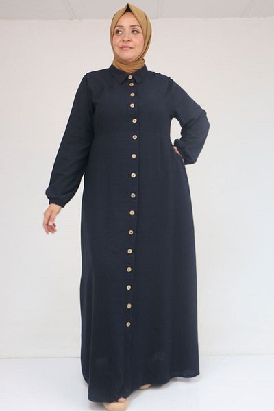 Eslina 52024 Large Size Patterned Linen Men's Collared Dress - Navy Blue