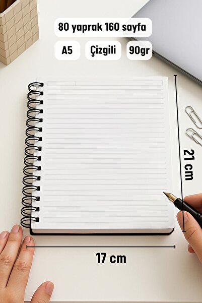Eldesen Tasarım A5 Spiral Thick Cover Lined Notepad, 80 Sheets 160 Pages, White Floral