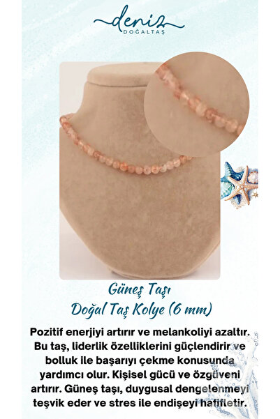 Deniz Doğal Taş Sertifikalı Güneş Taşı ( Taşlar) Doğaltaş Düğümsüz Kolye 6 Mm...