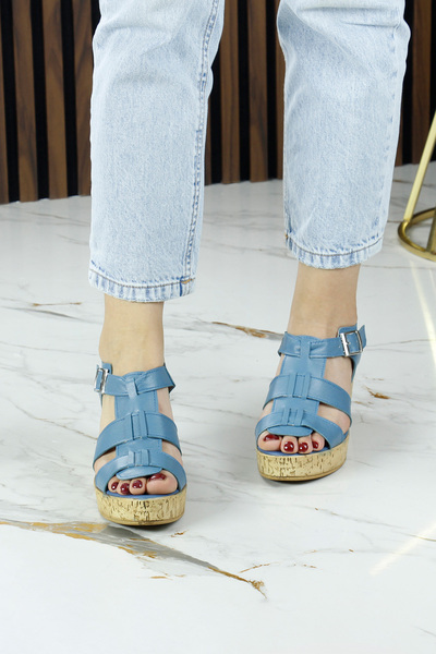 Erkan Saçmacı Xena Blue Genuine Calfskin Cork Sole Look Wedge Heeled Gladiator Sandals