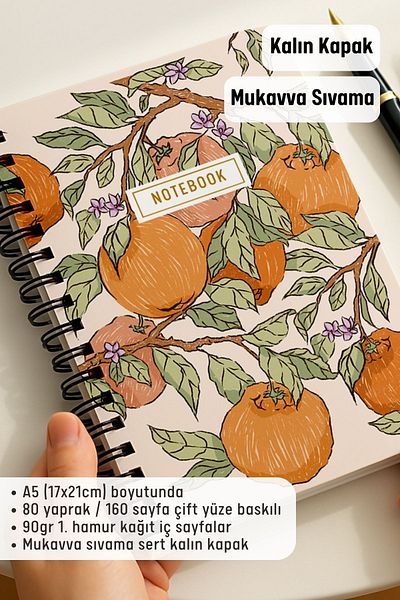 Eldesen Tasarım A5 Spiral Thick Cover Unlined Notepad, 80 Sheets 160 Pages, Orange