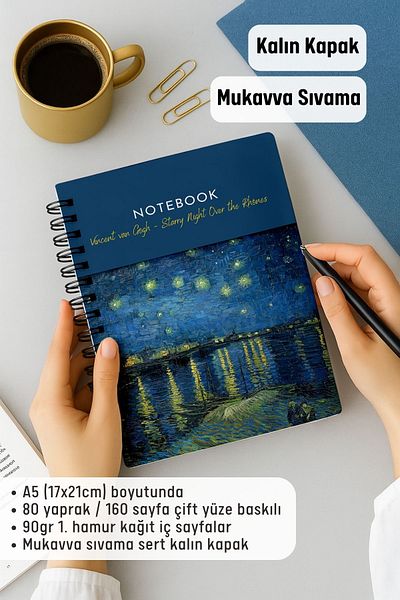 Eldesen Tasarım Van Gogh Thick Cover Unlined Notebook, A5 Size 80 Sheets 160 Pages, Unlined Notebook