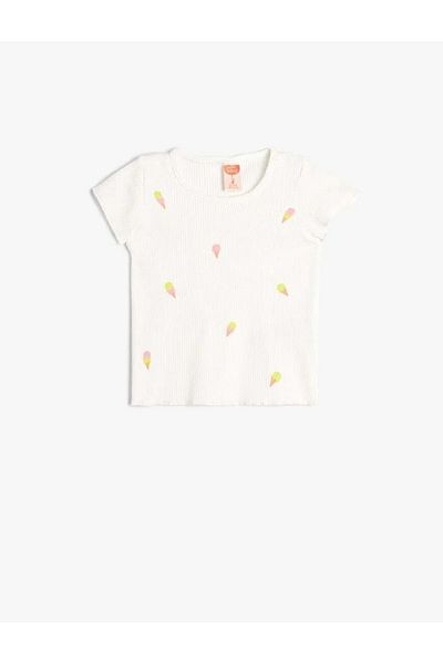 Koton Baby Girl T-Shirt Ice Cream Printed Short Sleeve Crew Neck Ribbed Cotton 4Smg10089Ak Ecru