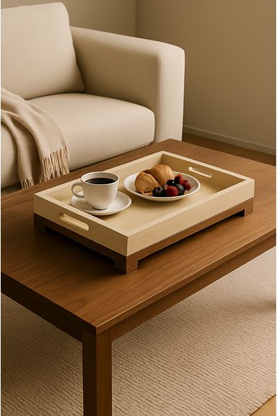 Strauss Home Travertine / Marble Series Natural Stone and Solid Wood Serving Tray – 40X27 cm