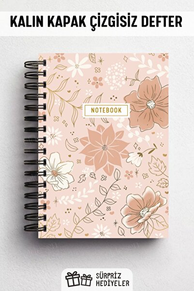 Eldesen Tasarım A5 Spiral Thick Cover Unlined Notepad, 80 Sheets 160 Pages, Gold Floral