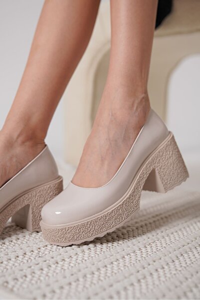 Zerenyus Talya Premium Women's Beige Patent Leather Wedge Heeled Shoes