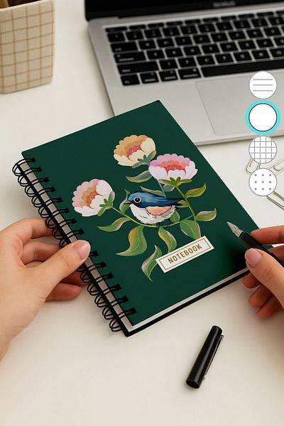 Eldesen Tasarım A5 Spiral Thick Cover Unlined Notepad, 80 Sheets 160 Pages, Green Bird