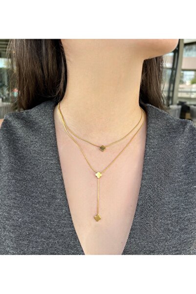 Mirelion Takı Yonca Yapraklı Altın Rengi Çelik Dekolte Y Kolye