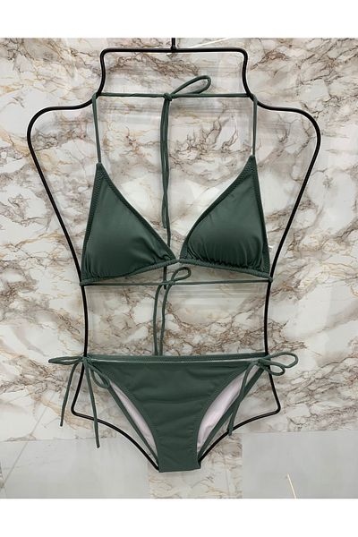 XORVİO Women's Lycra Flexible Side and Neck Tie Stylish Drawstring Triangle Grass Green Bikini Set