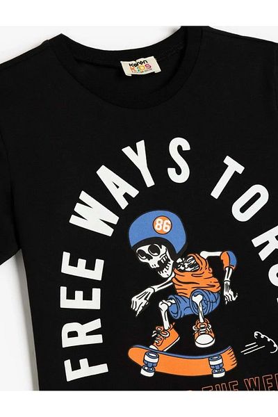 Koton Boy's Short Sleeve Crew Neck Skateboard Printed T-Shirt 5Skb10172Tk Black