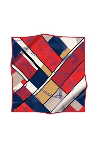 Vissona وشاح حريري بنمط هندسي - أحمر/كحلي، 100% Twill، 90x90، مخيط يدويًا