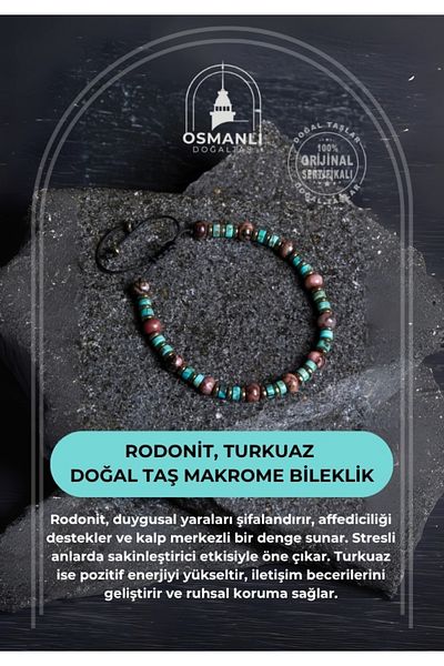 OSMANLI DOĞAL TAŞ Certified Rhodonite, Turquoise Natural Stone Macrame Bracelet