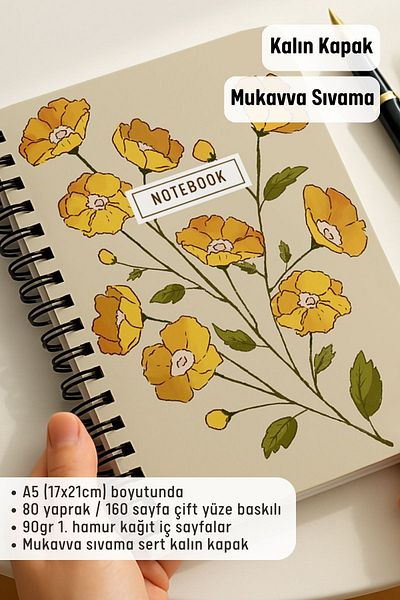 Eldesen Tasarım A5 Spiral Thick Cover Unlined Notepad, 80 Sheets 160 Pages, Orange Flower