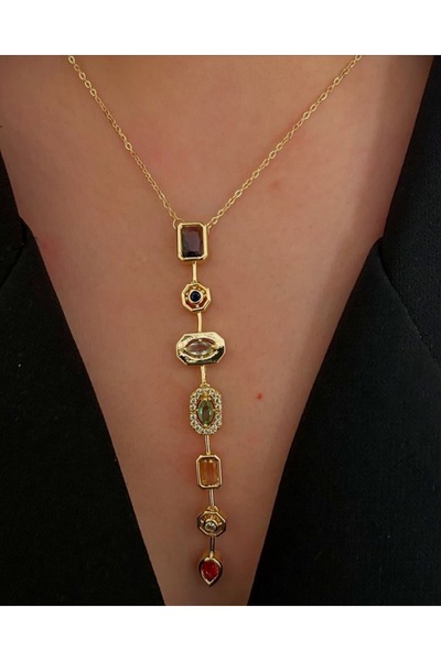 Mirelion Takı قلادة على شكل حرف Y من الفولاذ الذهبي الملون مكونة من 7 عناصر