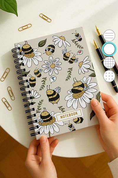 Eldesen Tasarım A5 Spiral Thick Cover Unlined Notepad, 80 Sheets 160 Pages, with Bee
