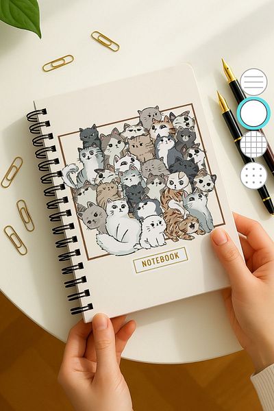 Eldesen Tasarım A5 Spiral Thick Cover Unlined Notepad, 80 Sheets 160 Pages, Cat