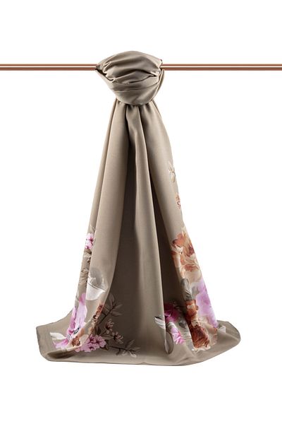 Vissona Luxury Medina Silk - Floral Pattern, Mink Color, 75x195 Kimsez Moss Crepe Τύπος ραφής - Ιταλικές ραφές