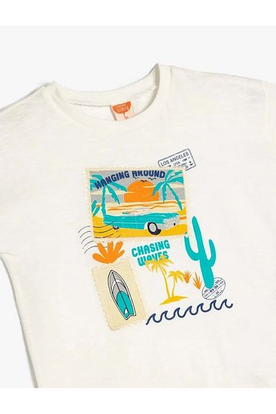 Koton Baby Boy Summer Themed Print Λεπτομερές βαμβακερό μπλουζάκι 5smb10006tk Ecru