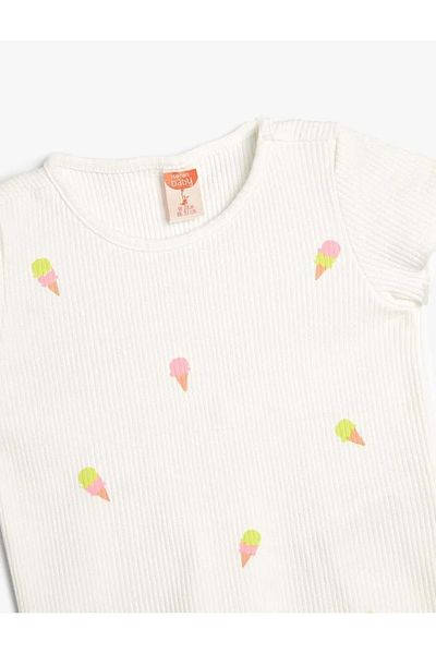 Koton Baby Girl T-Shirt Ice Cream Printed Short Sleeve Crew Neck Ribbed Cotton 4Smg10089Ak Ecru