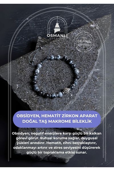 OSMANLI DOĞAL TAŞ Certified Obsidian, Hematite Zircon Apparatus Natural Stone Macrame Bracelet