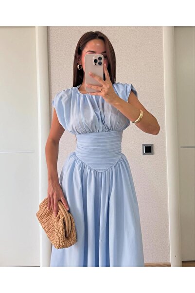 Bella Bloom Boutique Beli Büzgü Kısa Kollu Bele Oturan Pinterest Midi Mavi Elbise