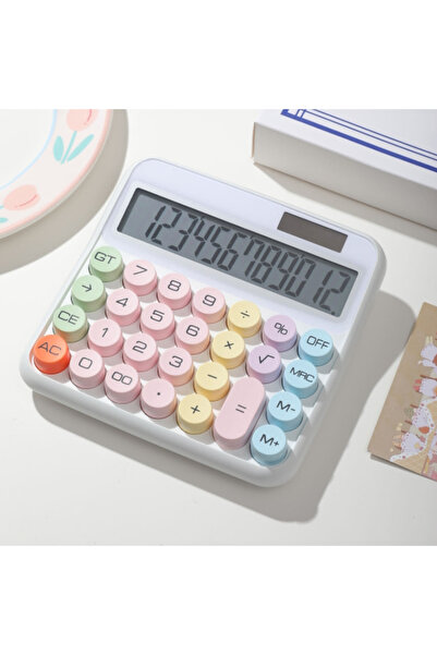 Choice آلة حاسبة ميكانيكية بيضاء، شاشة LCD كبيرة، 12 رقمًا، زر دائري كبير، شاشة إمالة 15 درجة، حلوى لطيفة