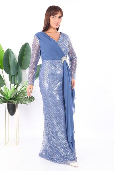 Robes Decolteu în V Accesoriu din piatră Detaliu din șifon Rochie de seară cu mâneci lungi și mărimi mari