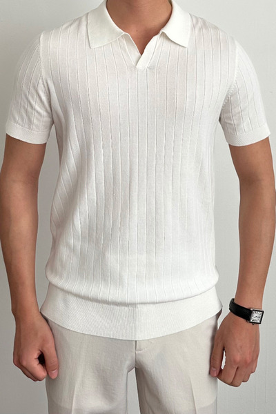 Tarz Cool Men's Matte White Slim Fit Ribbed Polo Neck Knitwear T-Shirt