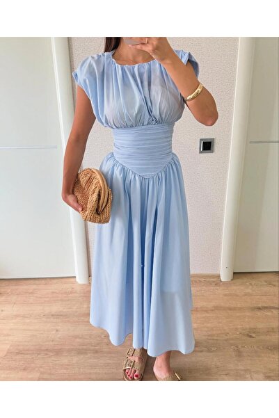 Bella Bloom Boutique Beli Büzgü Kısa Kollu Bele Oturan Pinterest Midi Mavi Elbise