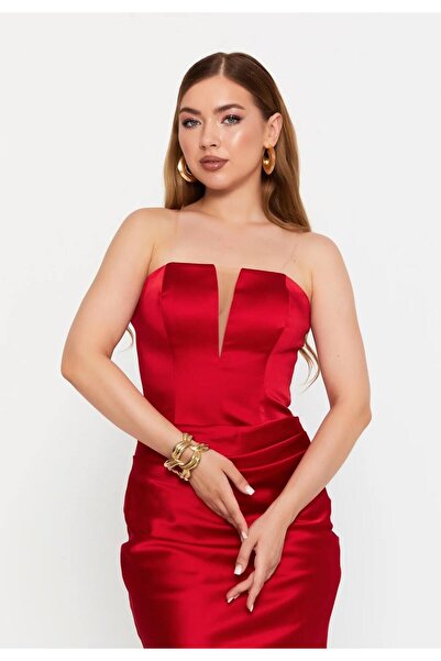 MAXXE 6079SAT BÜSTİYERLİ ETEĞİ DEGAJELİ ASETAT SATEN ELBİSE