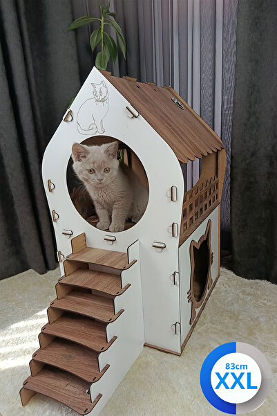 Genel Markalar XXL Kedi Evi – Beyaz Kahverengi, Merdivenli, İki Katlı MDF, 83×81×40 cm