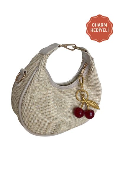 MODA Mira Cream Original Straw Charm Women's Hand, Arm and Shoulder Bag with Gift