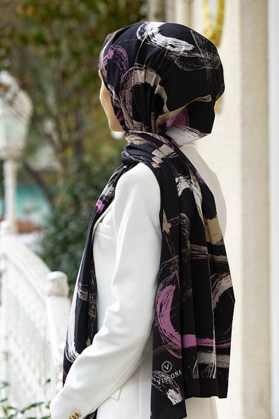 Vissona Luxury Medina Silk Brush Patterned Black - Beige Colored 75X195 Wrinkle-Free Shawl Moss Crepe Stitching Type Italian