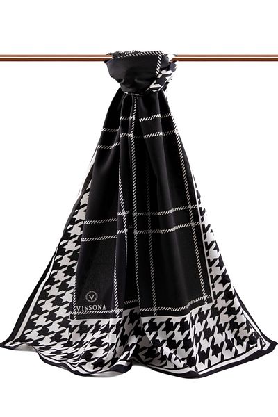 Vissona Luxury Medina Silk Houndstooth Μοτίβο Μαύρο-κρεμ Χρώμα 75x195 Ανθεκτικό σάλι Moss Crepe Τύπος ραφής Ιταλία