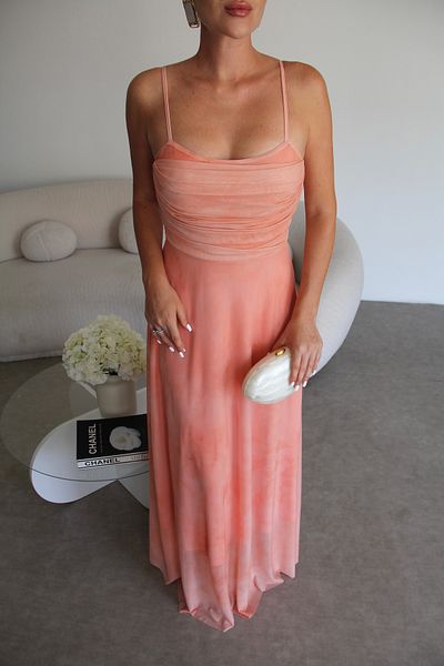 Julidress Orange Strapless Patterned Lined Premium Chiffon Tulle Dress with Straps