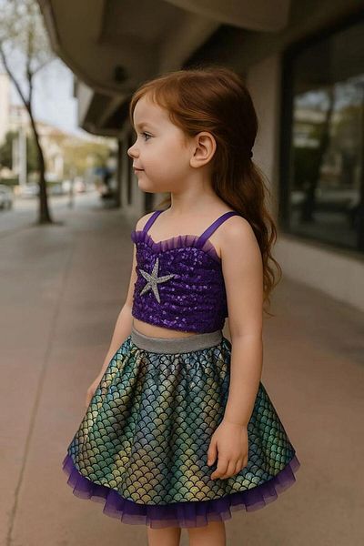 Magu Girl's Sequined Purple Mermaid Themed Set - Strappy Crop Top and Sequin Detailed Skirt
