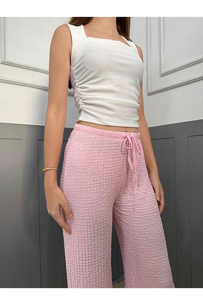 peri tower New Product Seersucker Wrap Lace-Up High Waist Trousers 0030